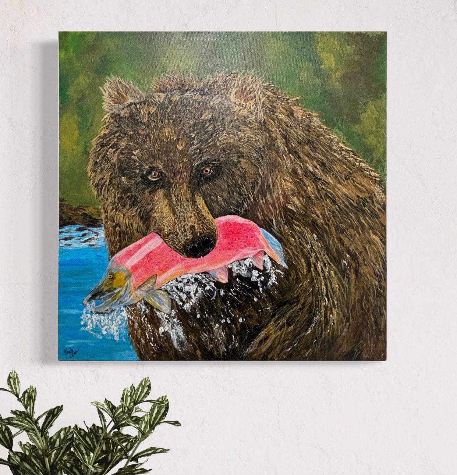 A acrylic painting of a grizzly bear with fur texture and shiny scales, depicting a scene in a river with salmon fish.