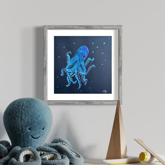 Mean Blue Acrylic Octopus Painting- Under The Sea Collection